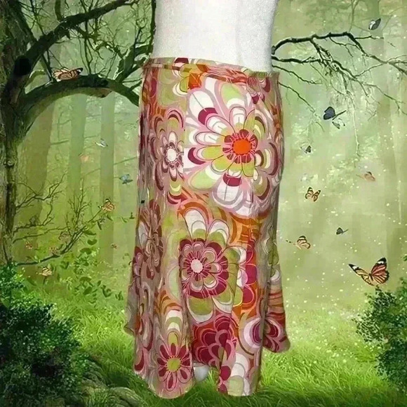 70s Abstract Pattern Flowy Multi-Colored MIDI Skirt By My Michelle Size 3 - Picture 4 of 9